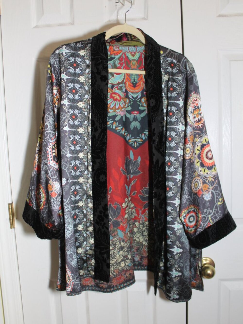 John Mark Velvet Trim Open Front Reversible Kimono sz L - Picture 5 of 6